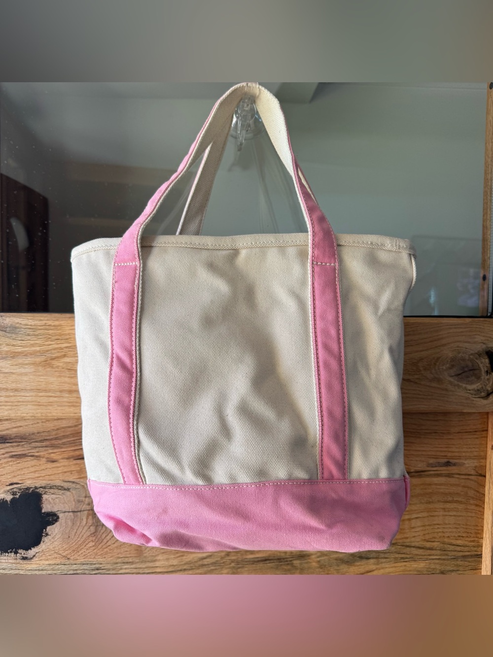 Lands’ End Canvas Tote Bag Pink & Natural Monogrammed “Sue” Medium Open Top Boat - Picture 7 of 13
